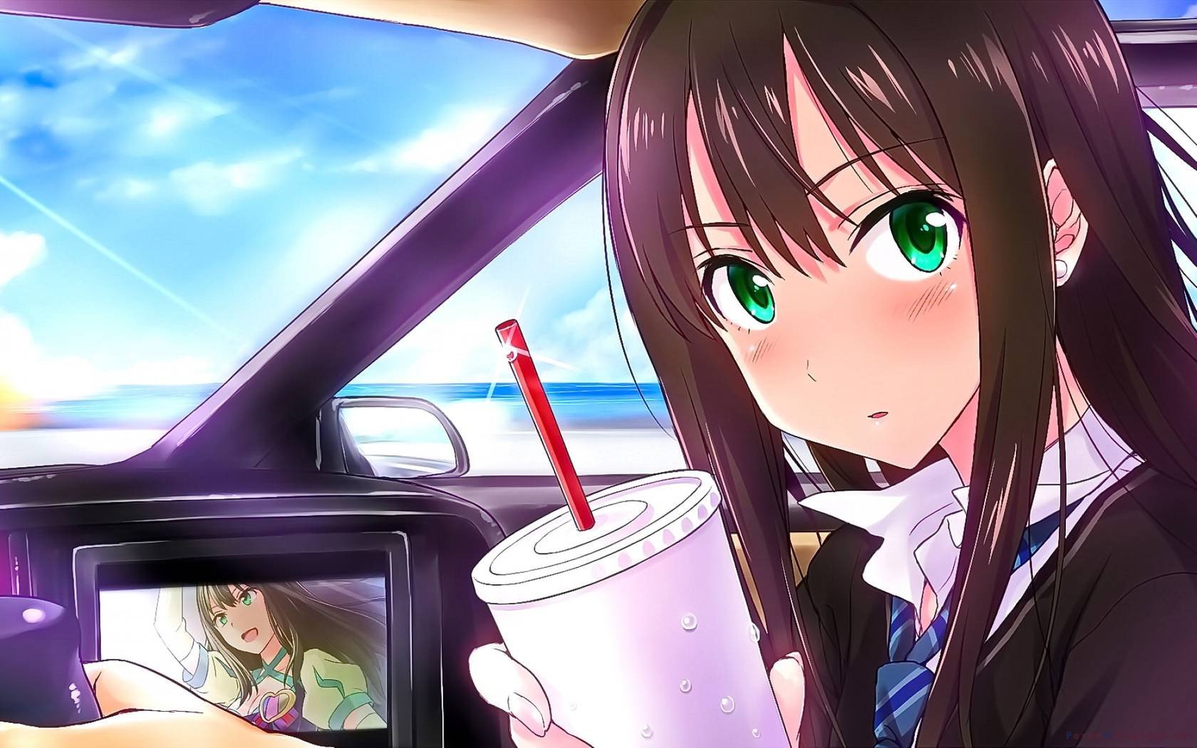 brunette, Green eyes, Long hair, Anime, Anime girls, Blushing