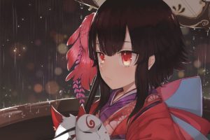 red eyes, Anime girls, Anime, Kimono, Rain