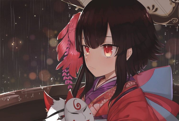 red eyes, Anime girls, Anime, Kimono, Rain HD Wallpaper Desktop Background