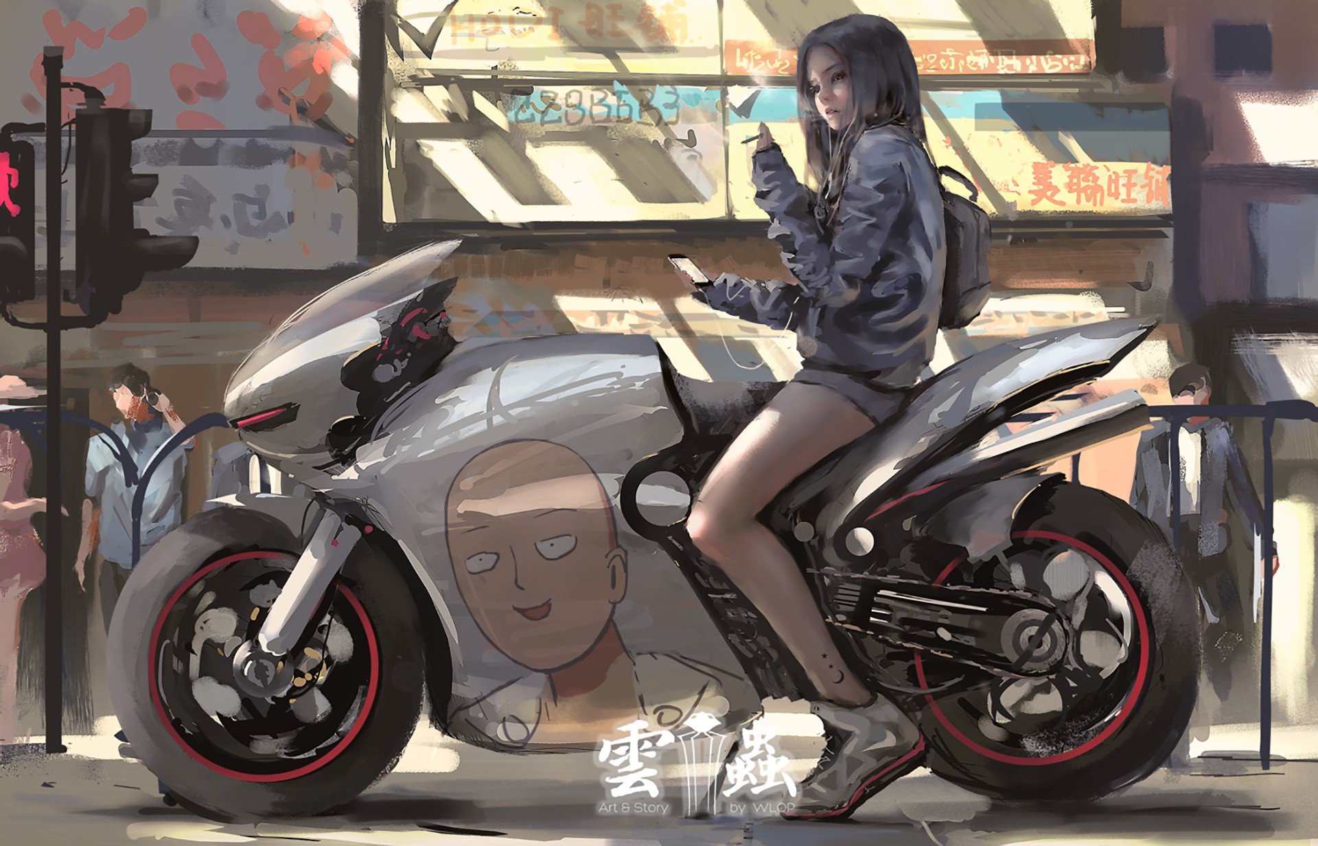 solo, WLOP, Anime girls, Saitama, Motorcycle, One Punch Man Wallpaper