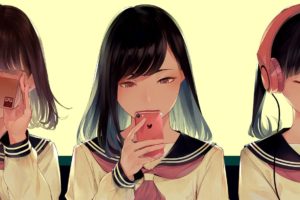 Sawasawa, Neckerchief, Phone, Headphones, Anime girls