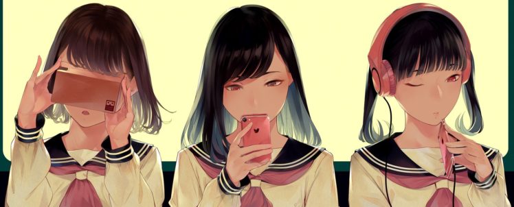 Sawasawa, Neckerchief, Phone, Headphones, Anime girls HD Wallpaper Desktop Background