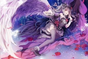 red eyes, Open mouth, Long hair, Looking at viewer, Thigh highs, Anime, Anime girls, Flowers, Dress, Purple dresses, Smiling, High heels, Wings, Lolita fashion, Twintails, Sexy