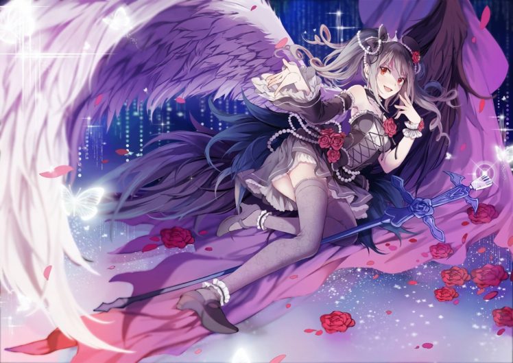 red eyes, Open mouth, Long hair, Looking at viewer, Thigh highs, Anime, Anime girls, Flowers, Dress, Purple dresses, Smiling, High heels, Wings, Lolita fashion, Twintails, Sexy HD Wallpaper Desktop Background