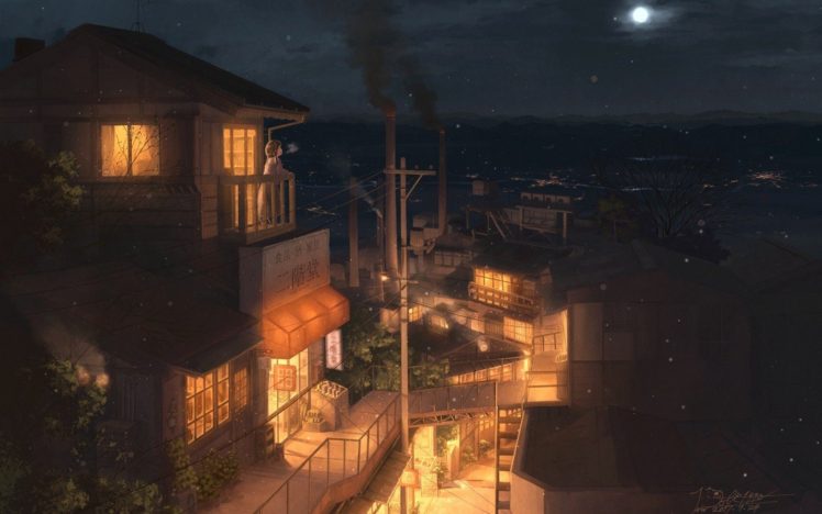 city, Building, Night, Industrial city, Moon, Anime, Anime girls HD Wallpaper Desktop Background