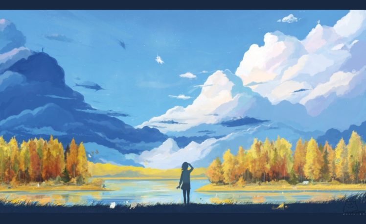 clouds, Trees, Anime, Artwork, Landscape, Nature HD Wallpaper Desktop Background