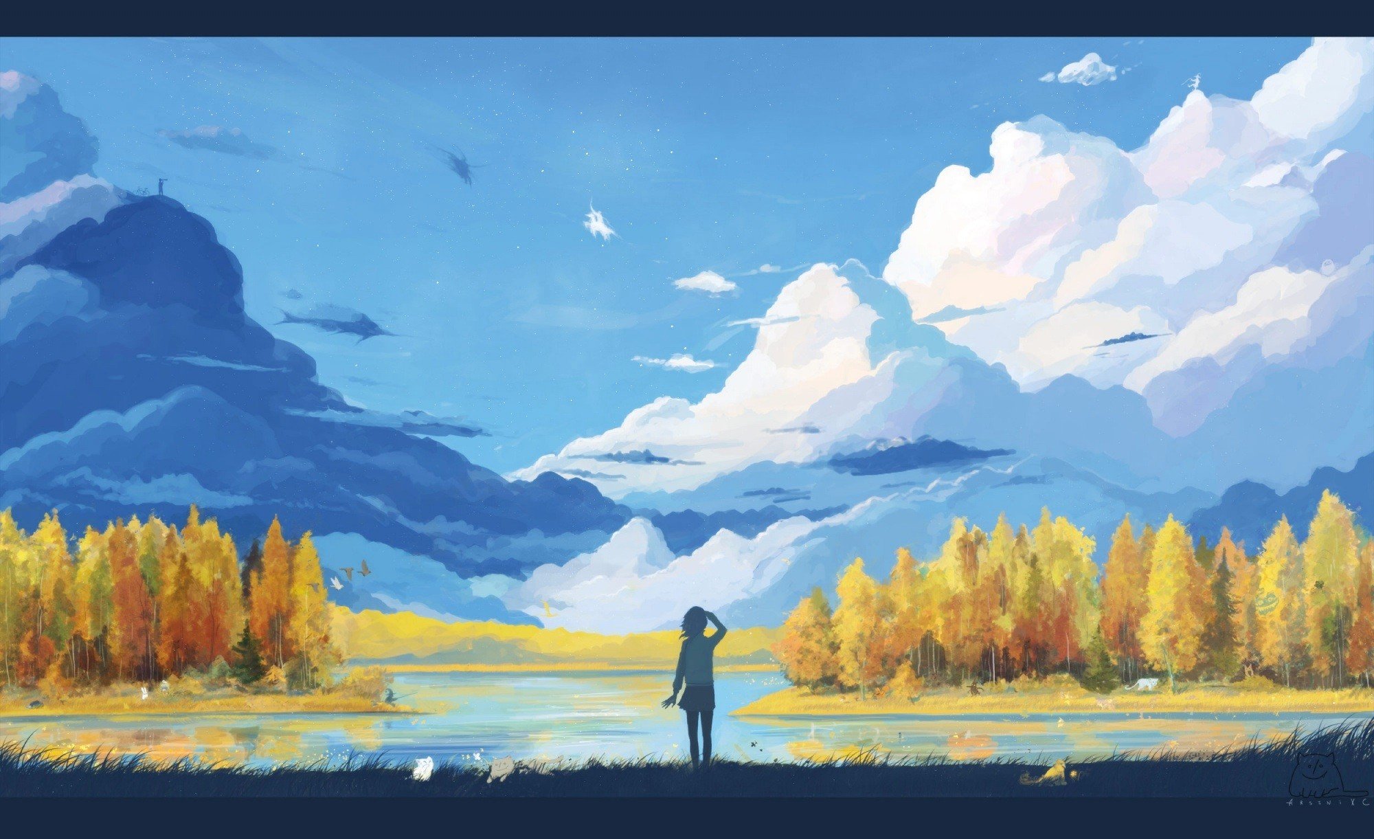 clouds, Trees, Anime, Artwork, Landscape, Nature Wallpaper