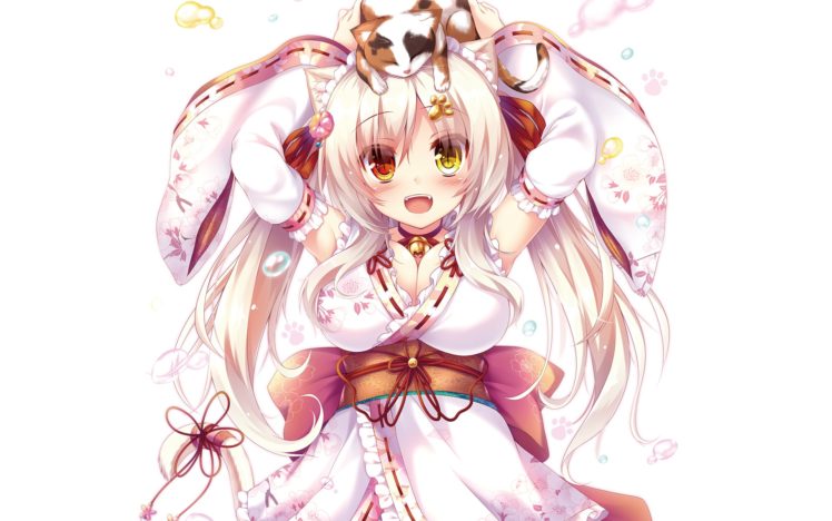 white hair, Yukata, Cat HD Wallpaper Desktop Background