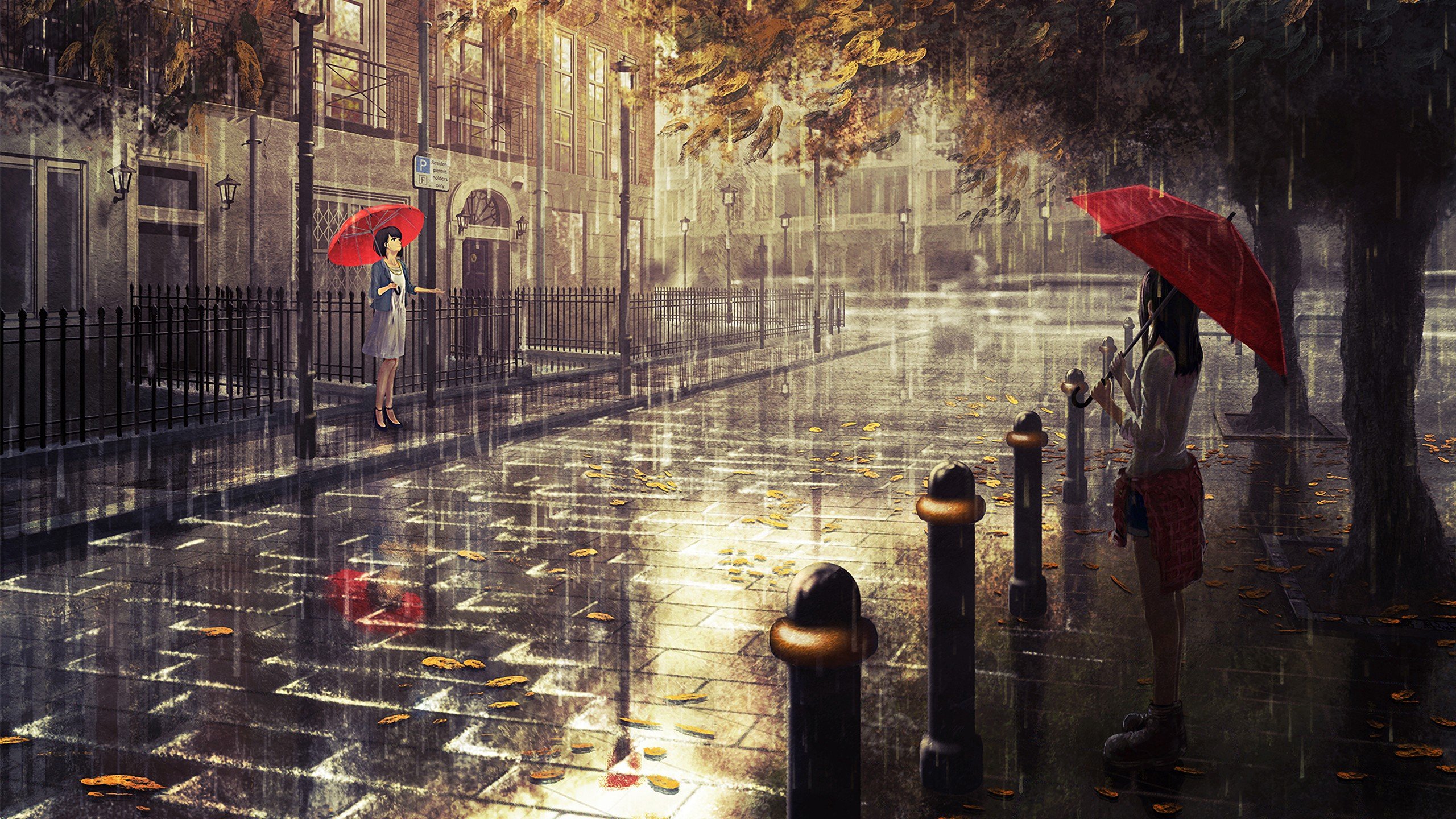 anime girls, Artwork, Rain Wallpaper
