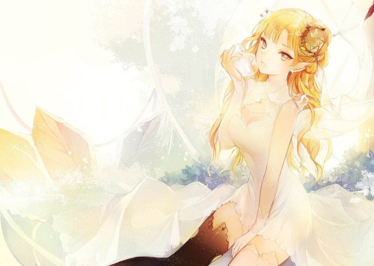 blonde, Apples, Wings, White dress Wallpaper