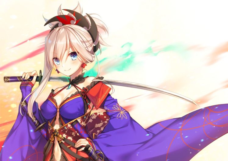 Fate Grand Order,  Miyamoto Musashi, Purple dresses, Katana HD Wallpaper Desktop Background