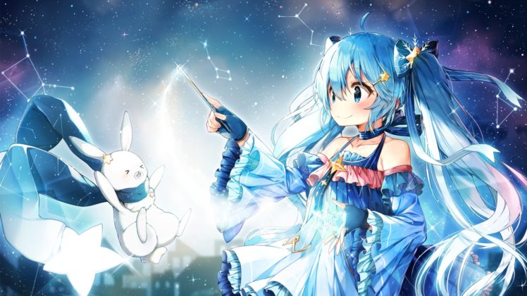 blue hair, Blue eyes, Vocaloid, Hatsune Miku, Yuki Miku, Blue clothing, Wands, Anime HD Wallpaper Desktop Background