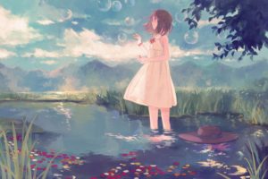 bubbles, Water, Dress, Grass, Anime