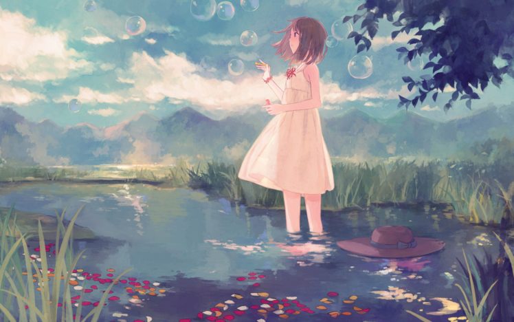 bubbles, Water, Dress, Grass, Anime HD Wallpaper Desktop Background