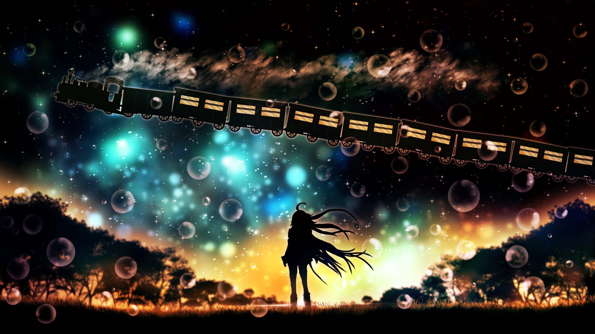 anime girls, Night, Train station, Shadow Wallpaper