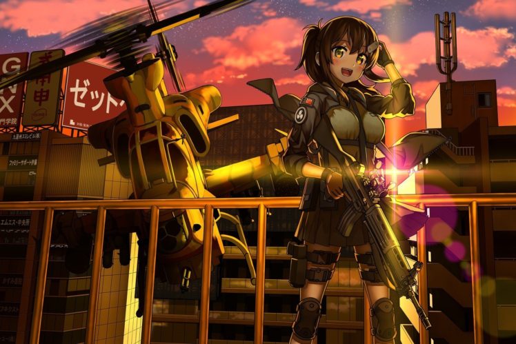 anime girls, Helicopters, Sunset, Weapon, Building HD Wallpaper Desktop Background