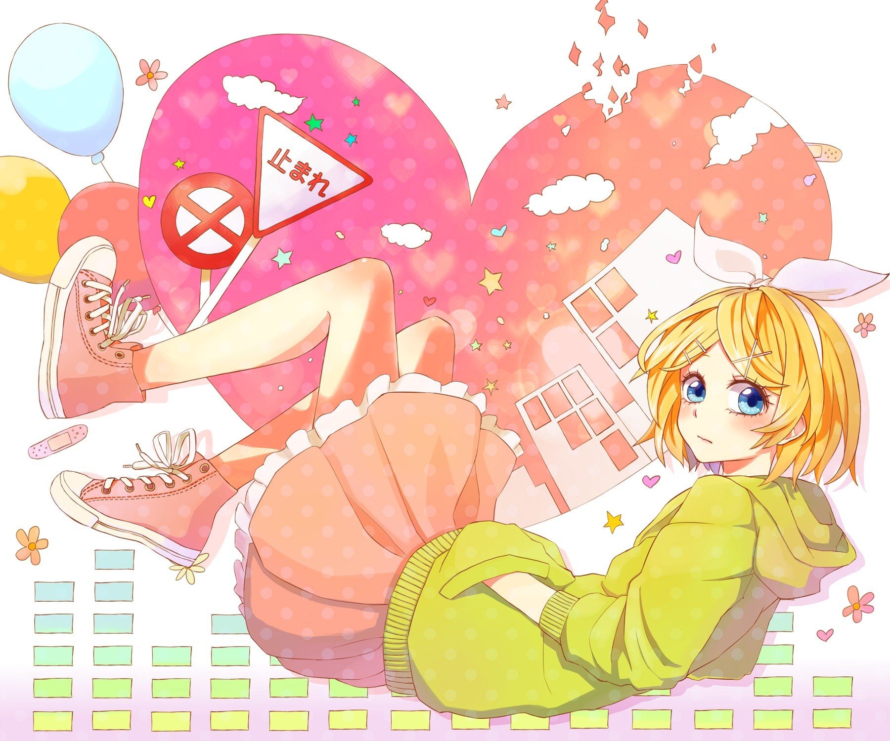 blonde, Yellow hair, Blue eyes, Looking at viewer, Heart, Short hair, Anime, Anime girls, Skirt, Pink shoes, Balloon, Warning signs, Road sign, Signs, Traffic signs, Converse Wallpaper