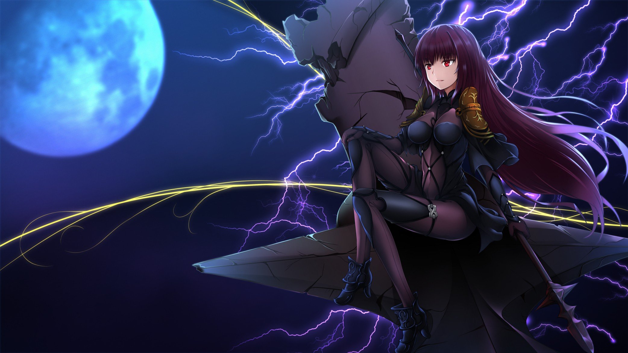 long hair, Purple hair, Red eyes, Bodysuit, Fate Grand Order, Fate Series, Moon, Night, Tight clothing, Spear, Weapon, Lightning Wallpaper