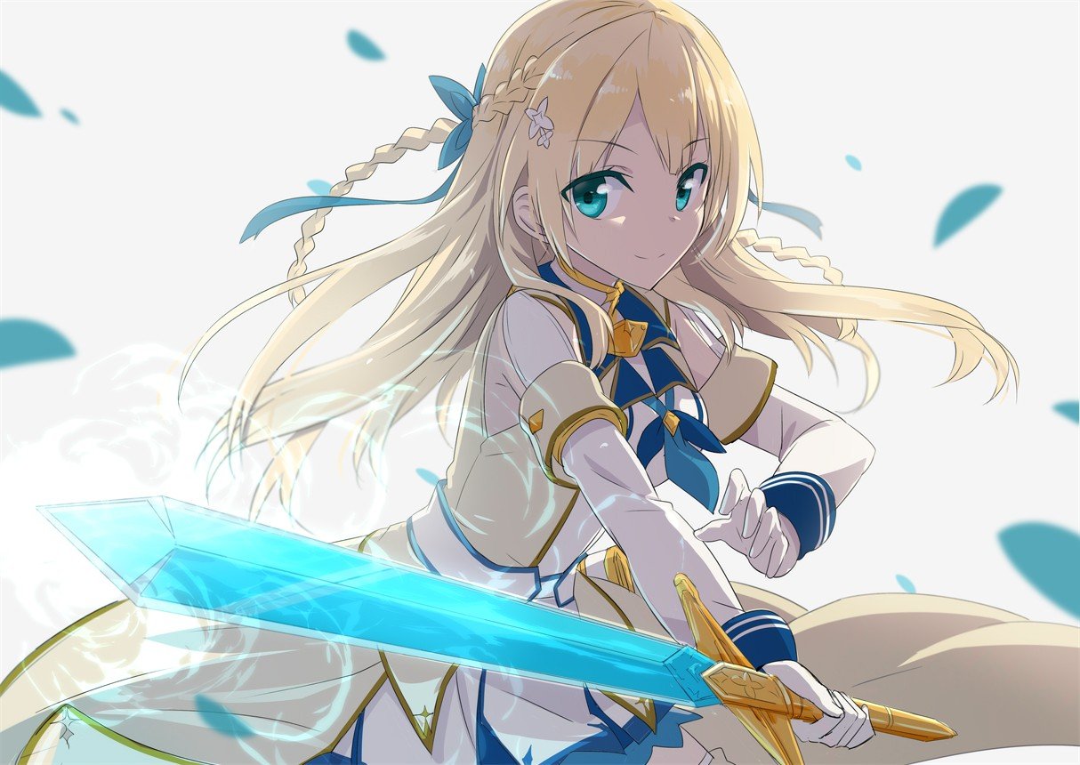 blonde, Braids, Long hair, Aqua eyes, White dress, Gloves, Magic, Petals, Ribbon, Sword, Weapon, White background, Anime girls, Anime Wallpaper