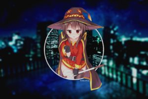 witch, Anime, Anime girls, Kono Subarashii Sekai ni Shukufuku wo!, Megumin, Hat, City