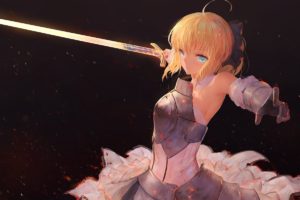 blonde, Long hair, Short hair, Simple background, Aqua eyes, Armor, White dress, Elbow gloves, Fate Grand Order, Fate Series, Gloves, Saber Alter, Saber, Saber Lily, Sword, Weapon