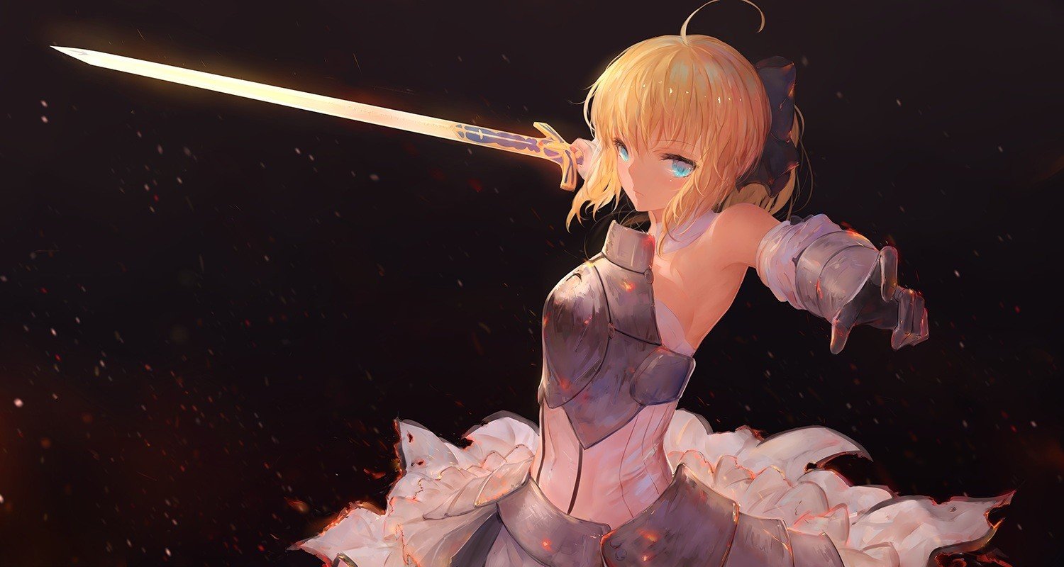 blonde, Long hair, Short hair, Simple background, Aqua eyes, Armor, White dress, Elbow gloves, Fate Grand Order, Fate Series, Gloves, Saber Alter, Saber, Saber Lily, Sword, Weapon Wallpaper