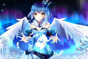 blue hair, Wings, Yellow eyes, Blue dress, Ice crystals