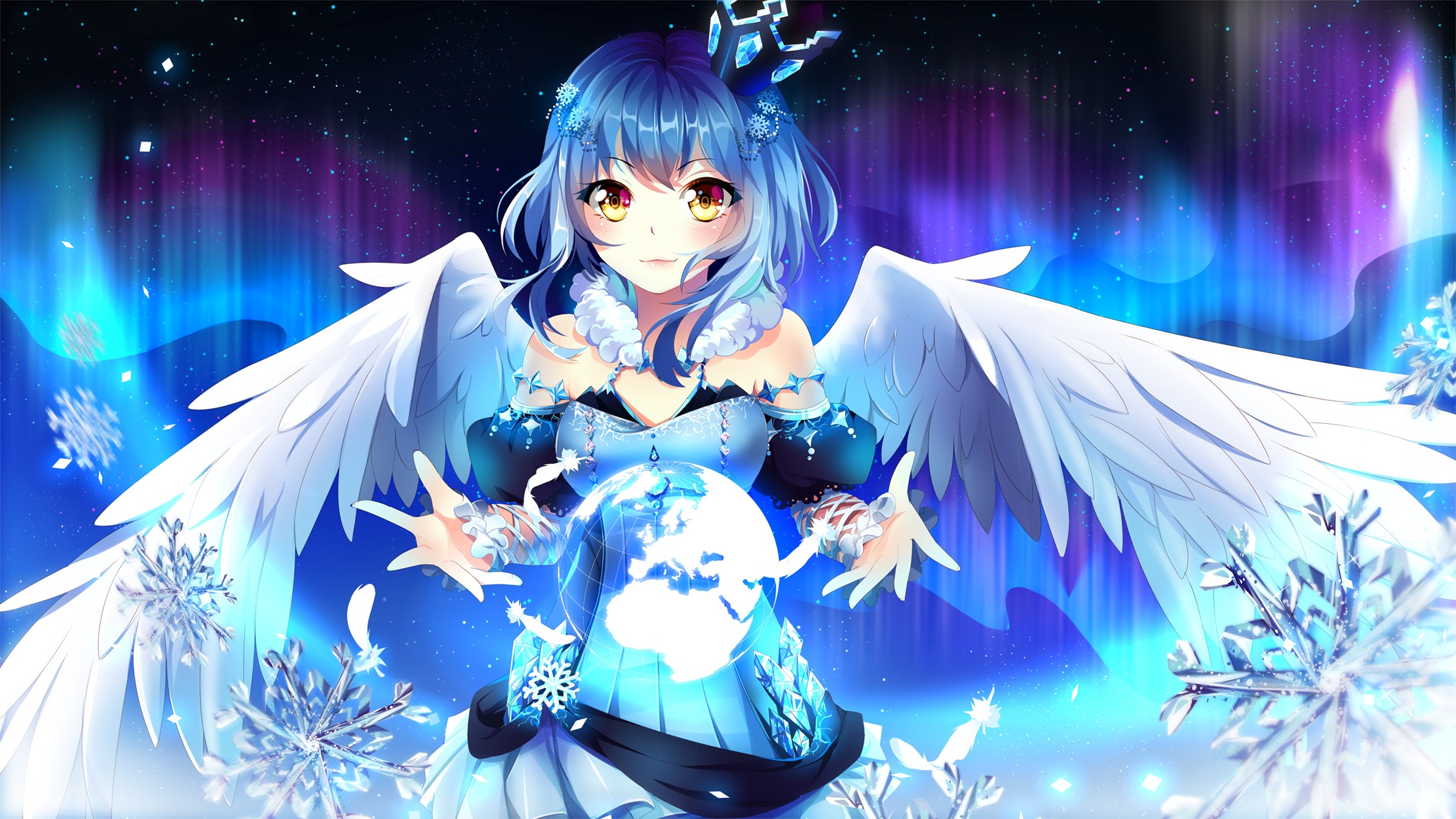 blue hair, Wings, Yellow eyes, Blue dress, Ice crystals Wallpaper