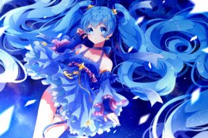 blue hair, Blue eyes, Vocaloid, Hatsune Miku, Blue dress, Twintails, Anime, Anime girls