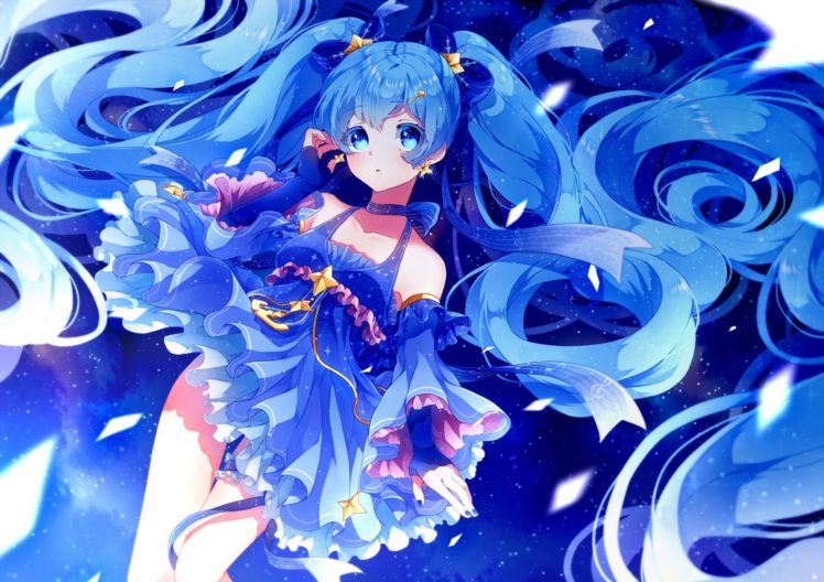 blue hair, Blue eyes, Vocaloid, Hatsune Miku, Blue dress, Twintails, Anime, Anime girls HD Wallpaper Desktop Background