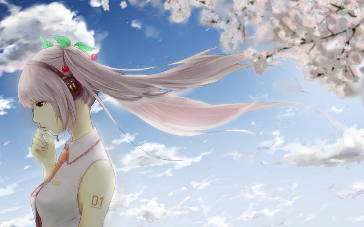 pink hair, Long hair, Anime, Anime girls, Vocaloid, Headphones, Cherry blossom HD Wallpaper Desktop Background
