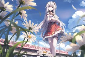 white hair, Long hair, Anime, Landscape, Blossoms, Train, Anime girls, Smiling, Clouds, Clear sky