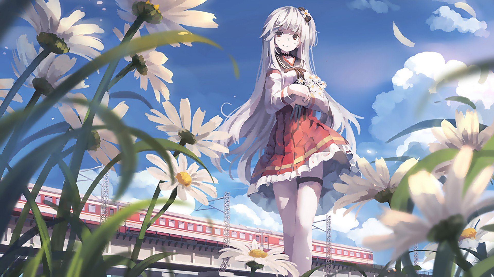 white hair, Long hair, Anime, Landscape, Blossoms, Train, Anime girls, Smiling, Clouds, Clear sky Wallpaper
