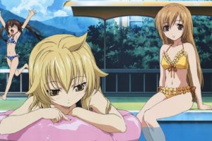 anime girls, Water, Anime, Blue bikinis, Yellow bikinis