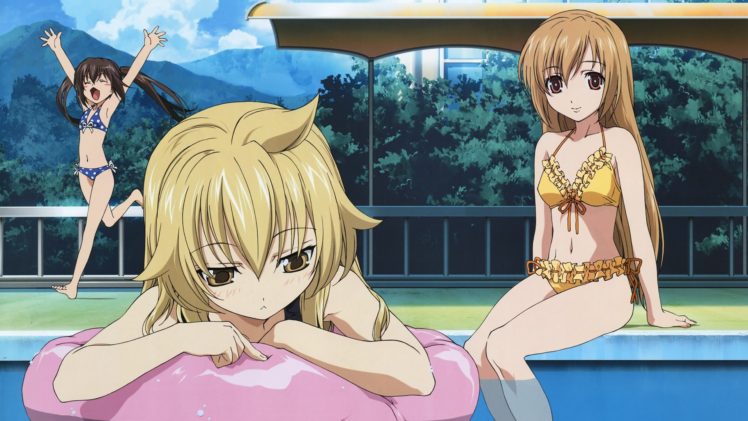 anime girls, Water, Anime, Blue bikinis, Yellow bikinis HD Wallpaper Desktop Background