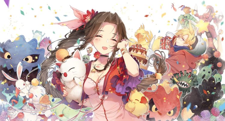 Aerith Gainsborough, Cloud Strife, Final Fantasy VII, Chocobo, Moogle, Anime girls HD Wallpaper Desktop Background