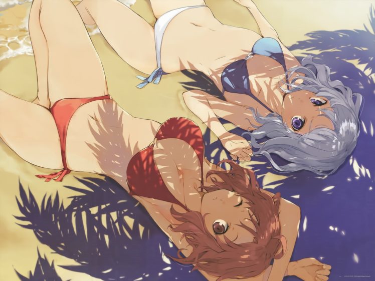 Rea Himuro, Dies Irae, Kasumi Ayase, Anime girls, Bikini, Beach, Anime HD Wallpaper Desktop Background