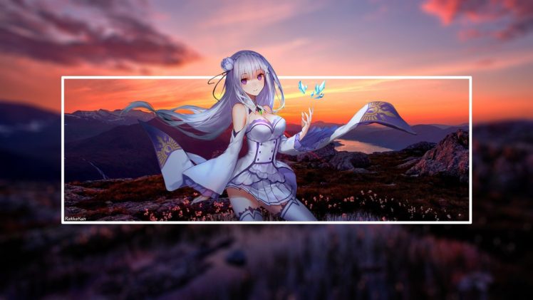 anime, Anime girls, Emilia (Re: Zero), Re: Zero Kara Hajimeru Isekai Seikatsu, Nature, Landscape, Thigh highs HD Wallpaper Desktop Background