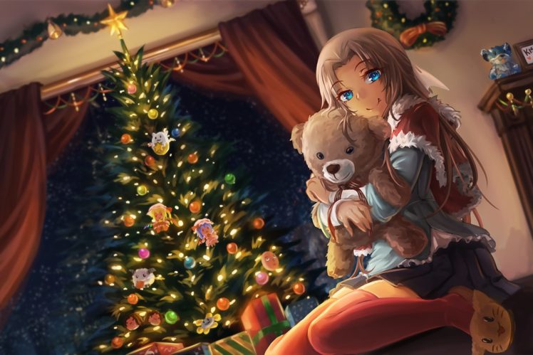 fan art, Anime girls, Christmas Tree, Thigh highs HD Wallpaper Desktop Background