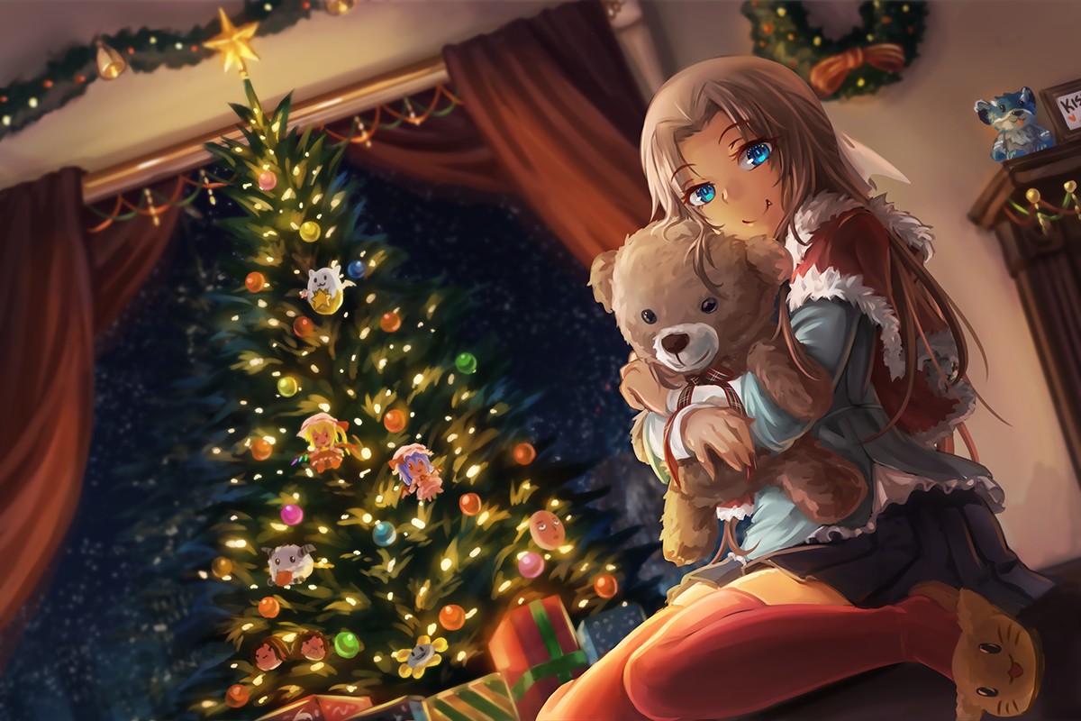 fan art, Anime girls, Christmas Tree, Thigh highs Wallpaper