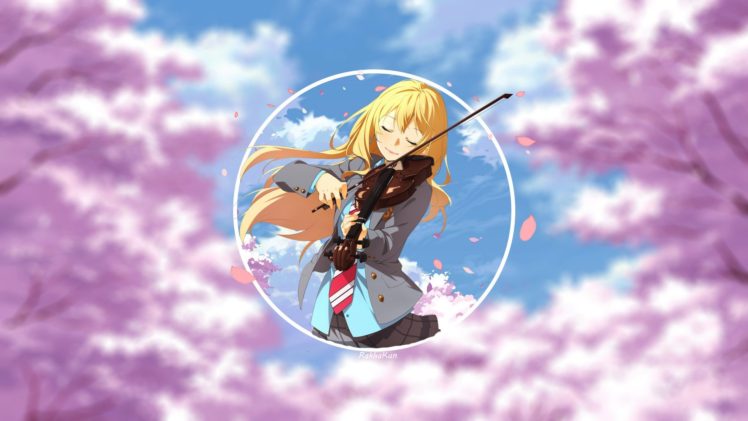 anime, Anime girls, Shigatsu wa Kimi no Uso, Miyazono Kaori, Violin, Cherry blossom HD Wallpaper Desktop Background