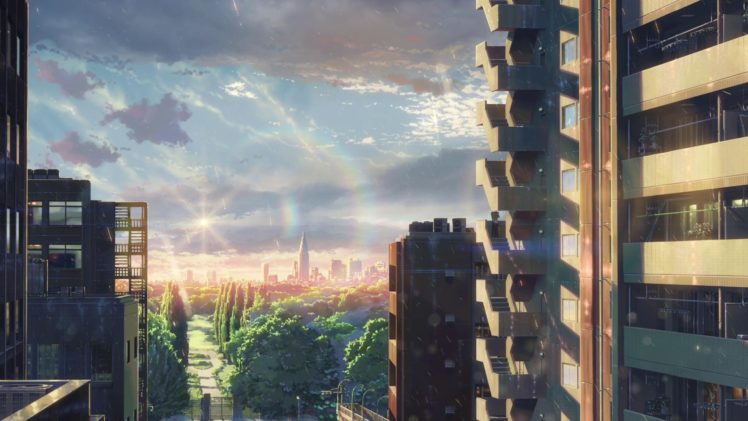 city, Sky, Clouds, Sunrise, Trees, The Garden of Words HD Wallpaper Desktop Background