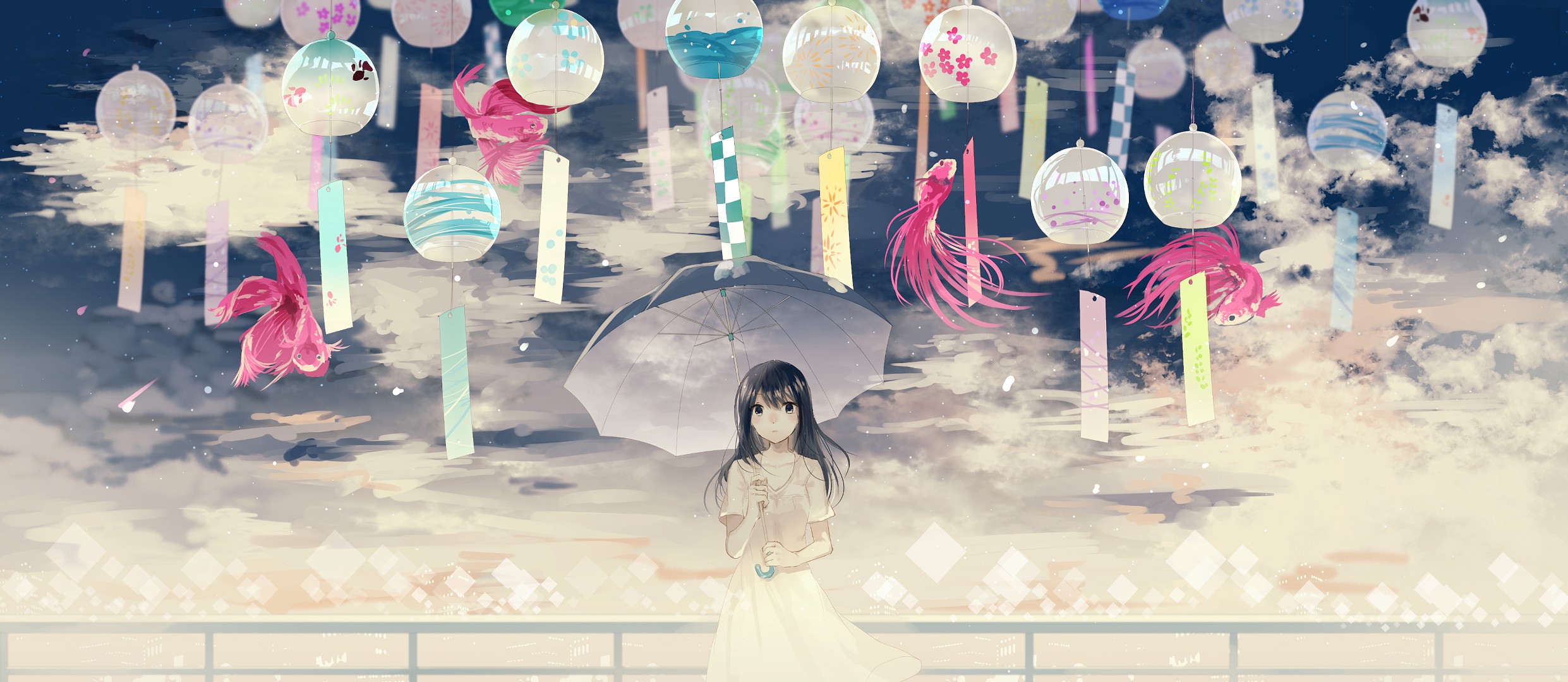 anime girls, Umbrella, Lantern, Fantasy art Wallpaper