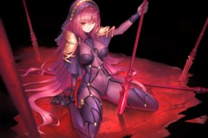 long hair, Purple hair, Red eyes, Fate Grand Order, Scathach ( Fate Grand Order ), Headdress, Bodysuit, Weapon, Spear