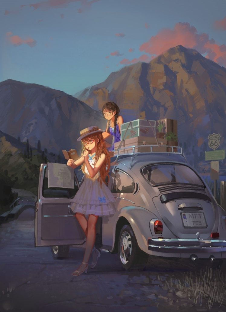 anime girls, Mountains, Car, Volkswagen Beetle HD Wallpaper Desktop Background