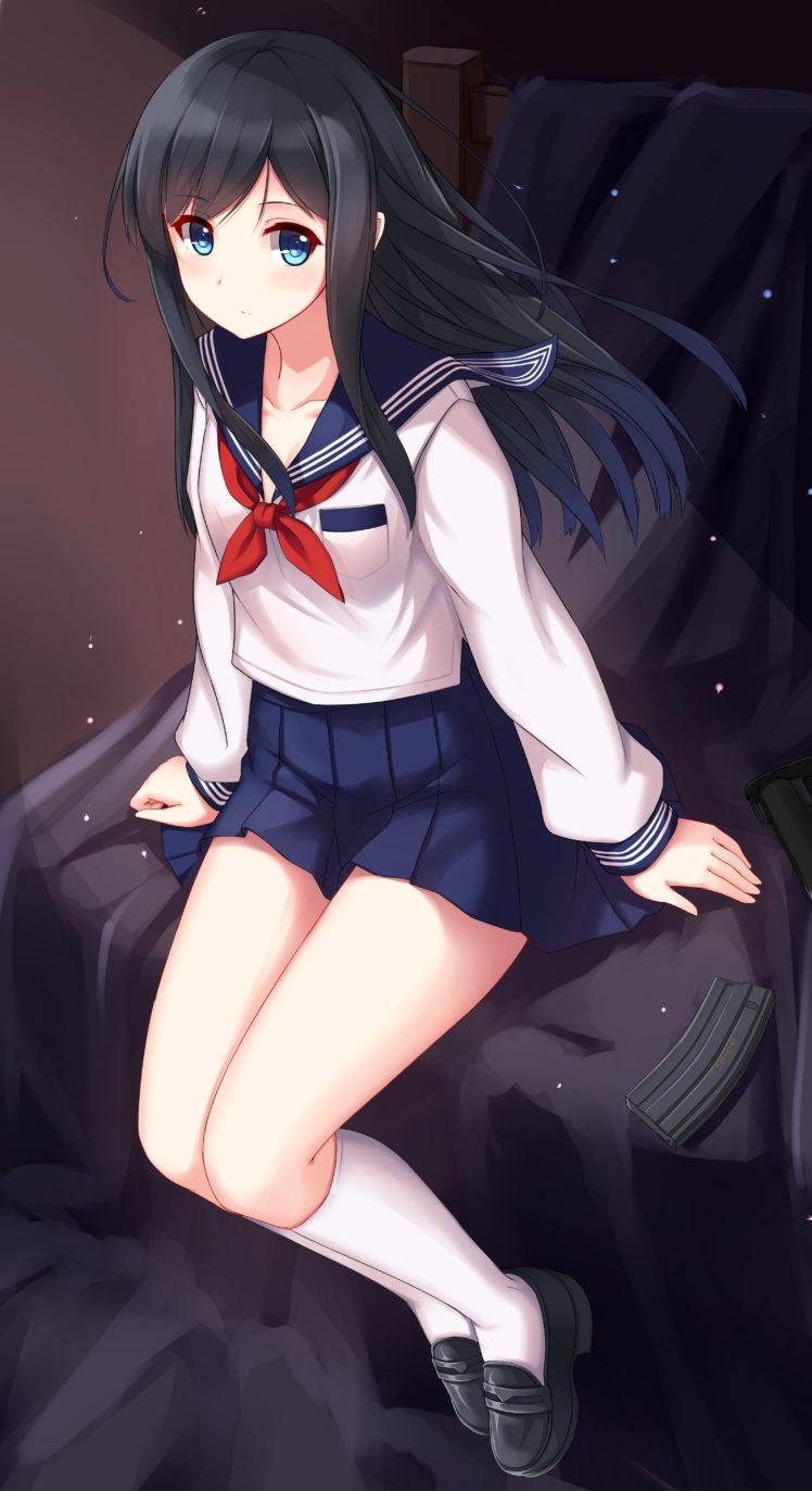 blue eyes, Anime girls, School uniform, Long black hair HD Wallpaper Desktop Background