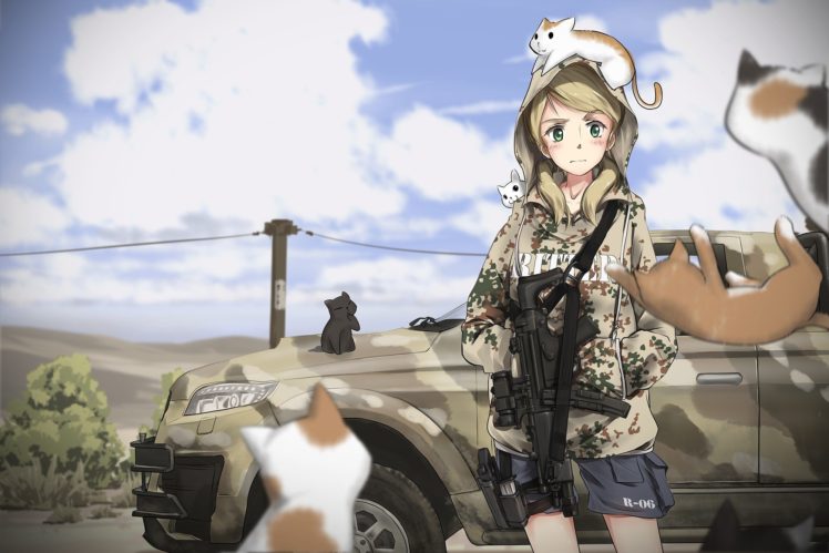 anime girls, Cat, Turkish Armed Forces, Sub machine gun, Car, Toyota HD Wallpaper Desktop Background