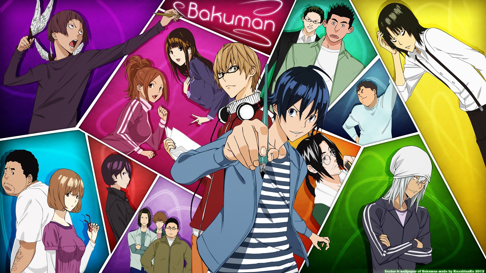 Bakuman, Moritaka Mashiro, Takagi Akito, Niizuma Eiji, Ko Aoki, Kaya Miyoshi, Miho Azuki, Anime Wallpaper