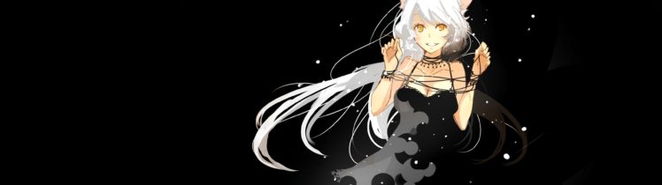 white hair, Neko Hanekawa, Hanekawa Tsubasa, Monogatari Series, Nekomimi, Black dress, Anime, Anime girls, Yellow eyes HD Wallpaper Desktop Background