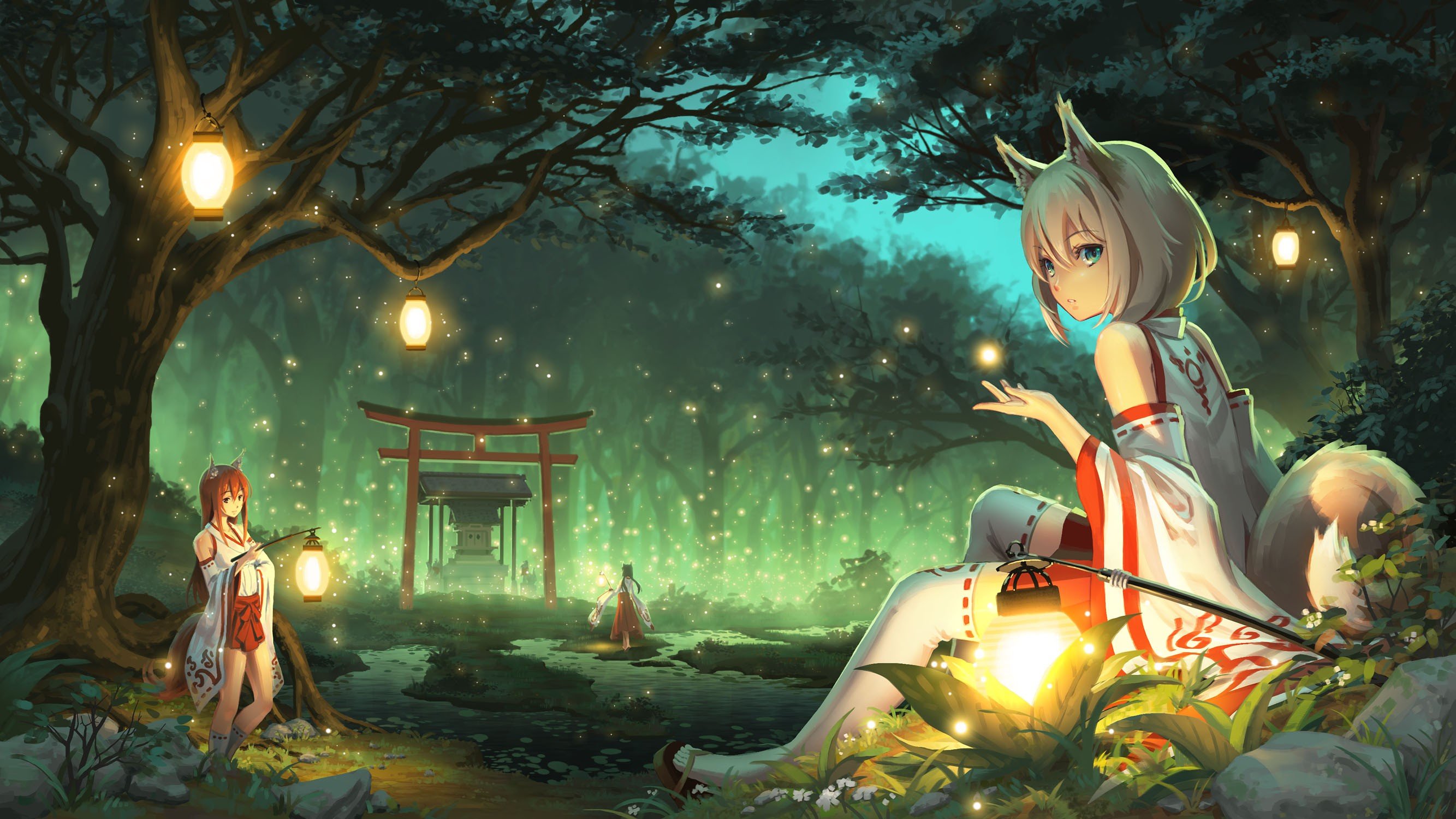 anime girls, Forest, Kitsunemimi Wallpaper